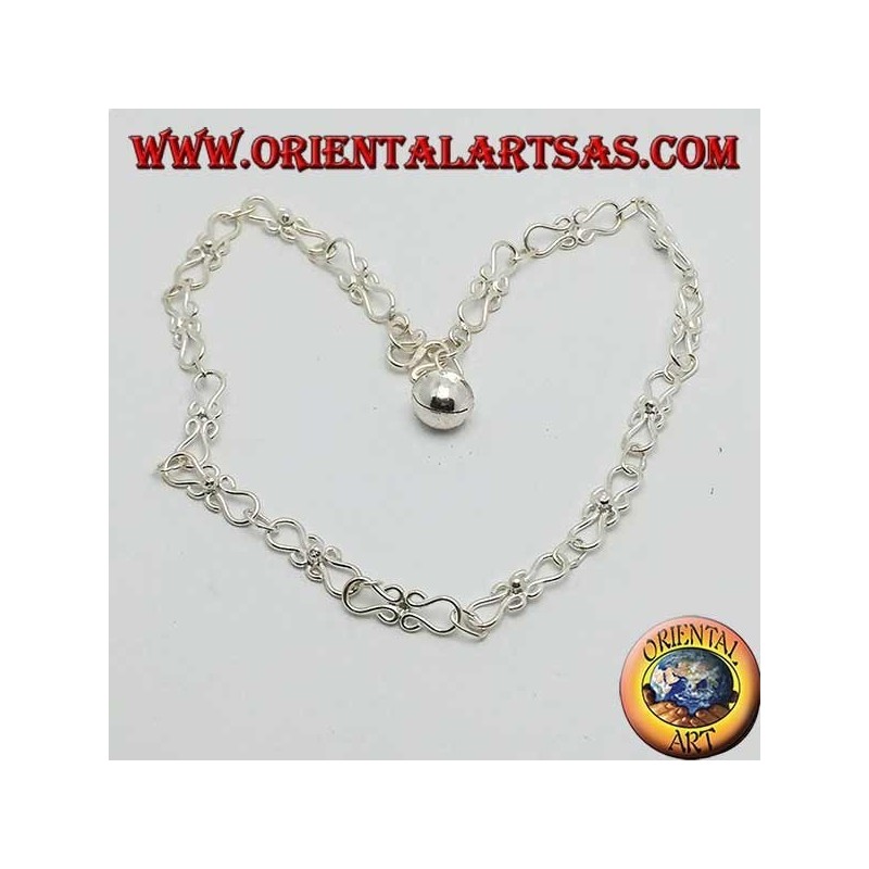 Curved knitting silver anklet with a bell