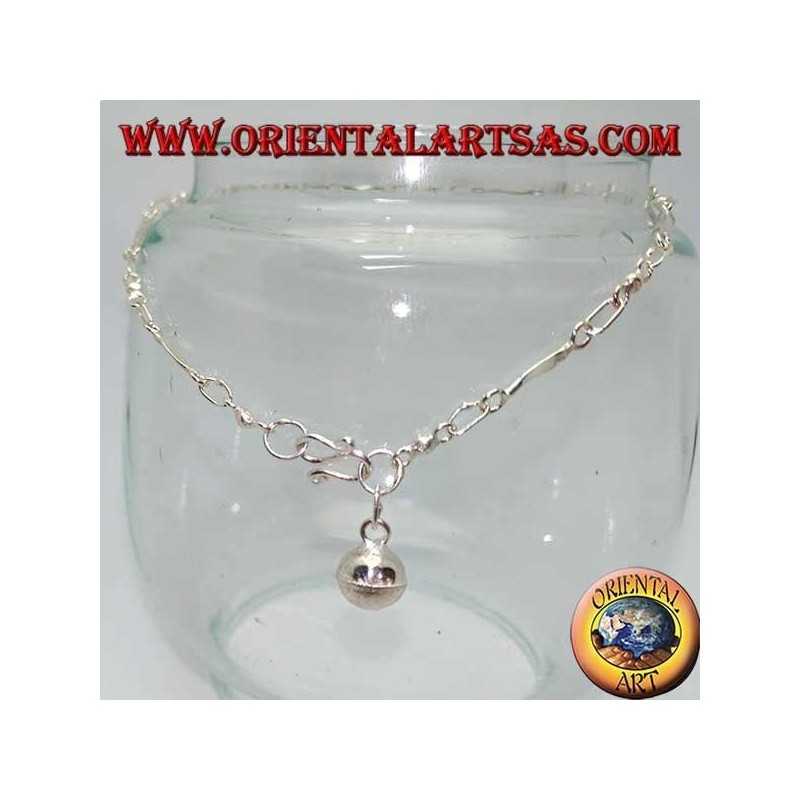 Bracelet de cheville en argent tricoté avec insertions lisses et cloche
