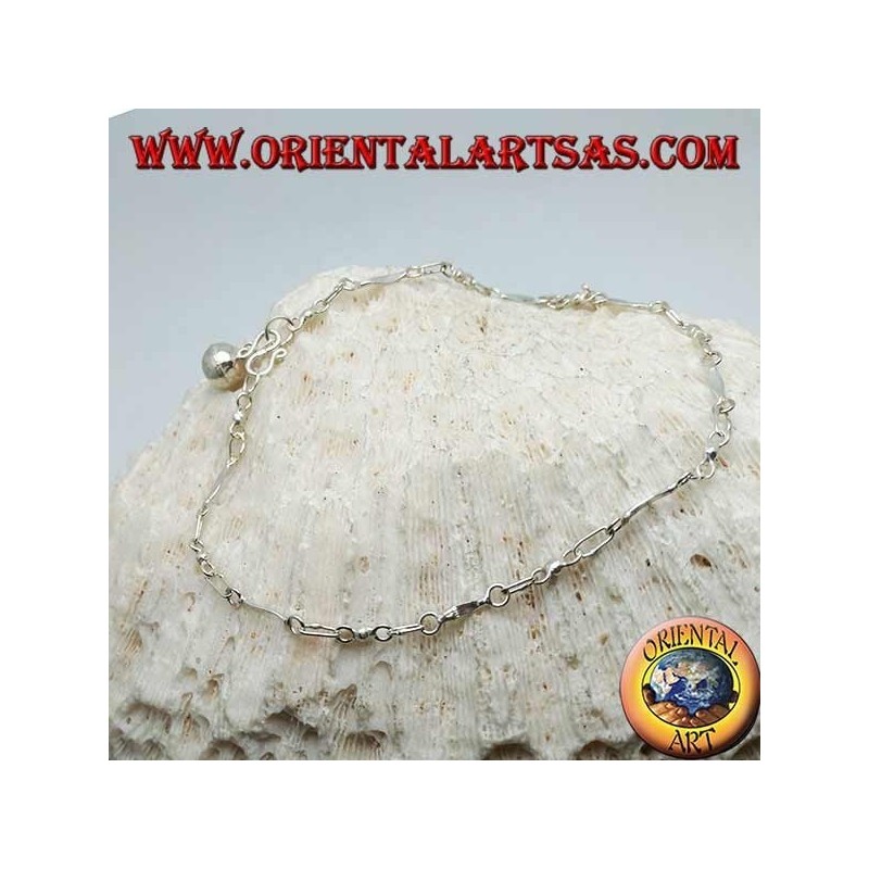 Knitted silver anklet with smooth inserts and a bell