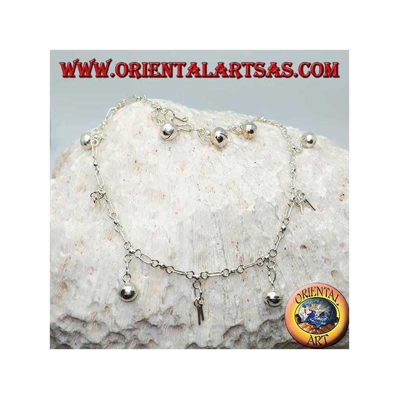 Bracelet de cheville en argent avec alternance de clés suspendues et de cloches