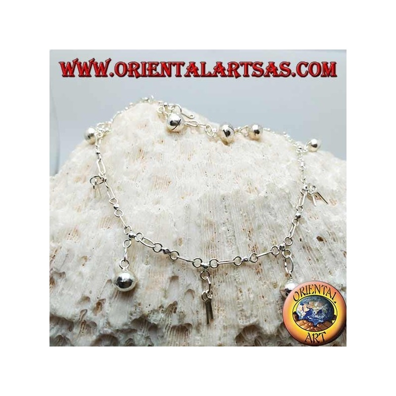 Silver anklet with alternating hanging keys and bells