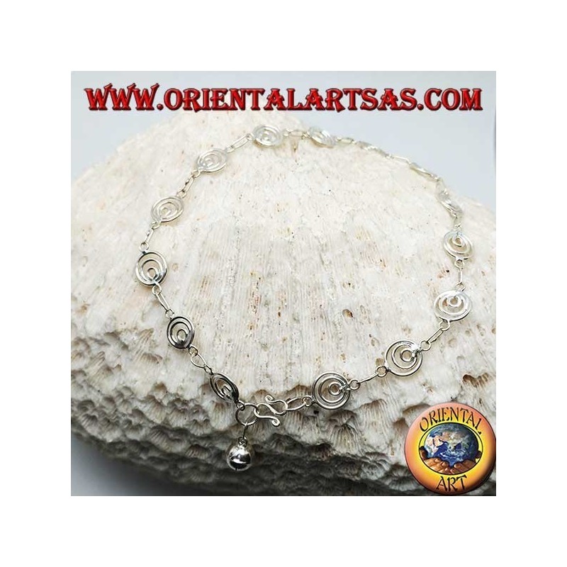Silver anklet with large spiral mesh and a bell