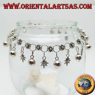 Silver anklet with flowers and marijuana leaves and alternating hanging bells