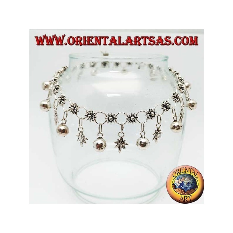 Silver anklet with flowers and marijuana leaves and alternating hanging bells