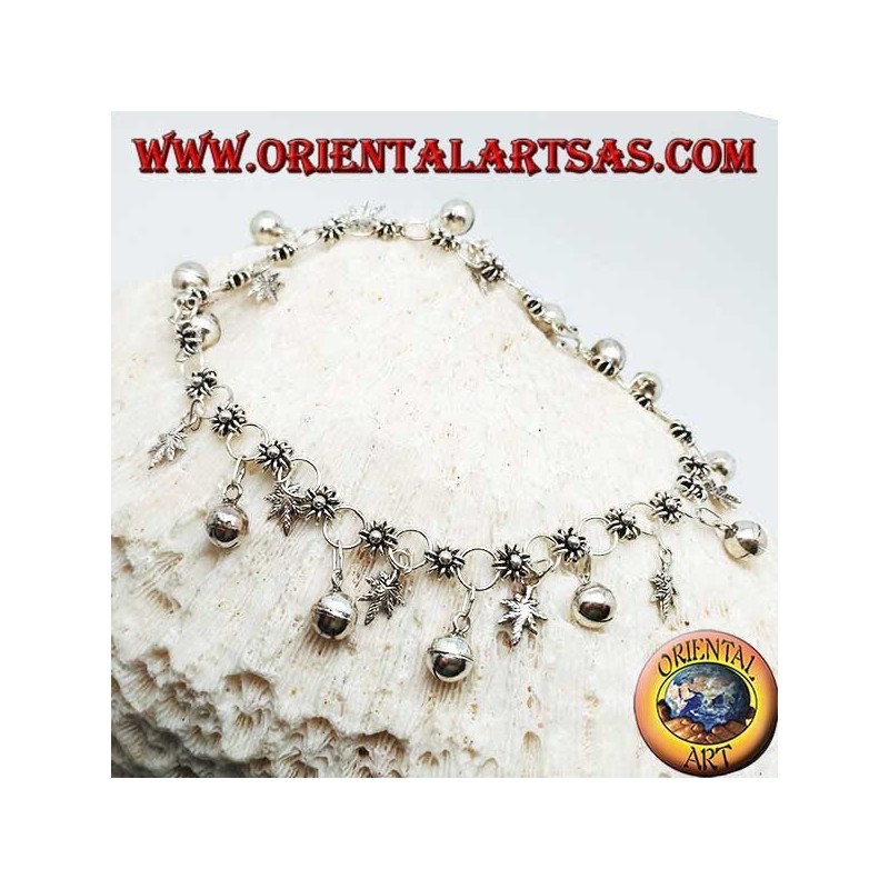 Silver anklet with flowers and marijuana leaves and alternating hanging bells