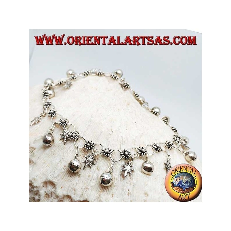 Silver anklet with flowers and marijuana leaves and alternating hanging bells