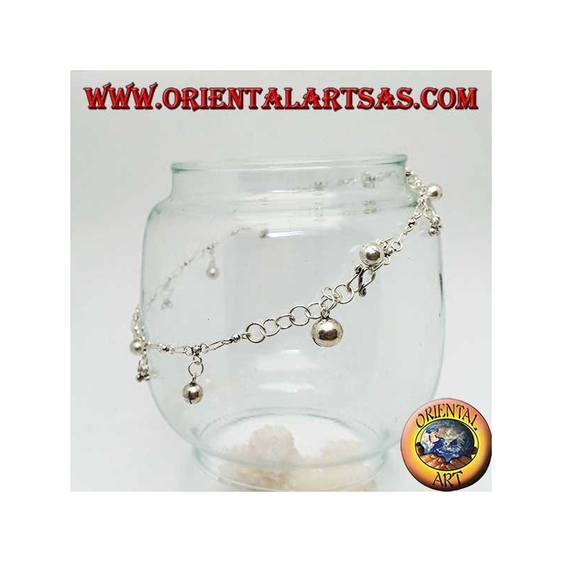 Bracelet de cheville en argent avec des groupes de trois boules et des cloches suspendues alternées