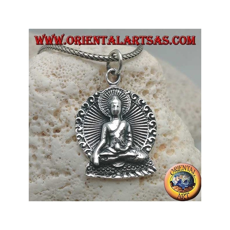 Silver Buddha pendant in "Bhumisparsha Mudra" position with halo in the disk