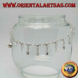 Bracelet de cheville en argent avec des coeurs suspendus lisses et une cloche