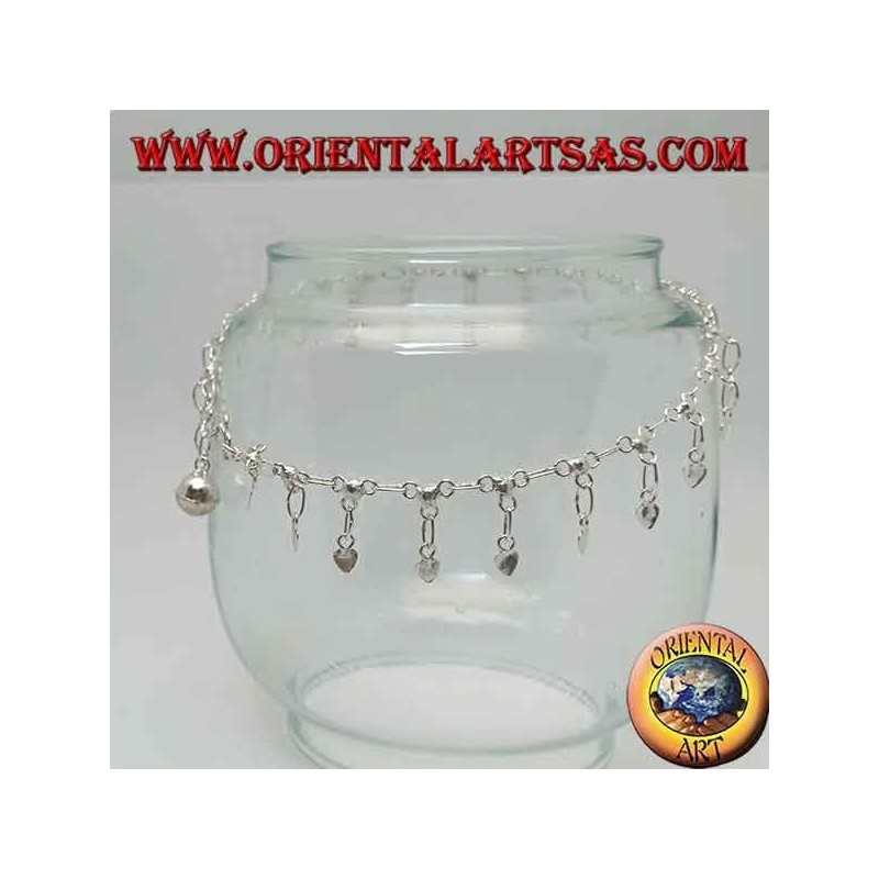 Bracelet de cheville en argent avec des coeurs suspendus lisses et une cloche