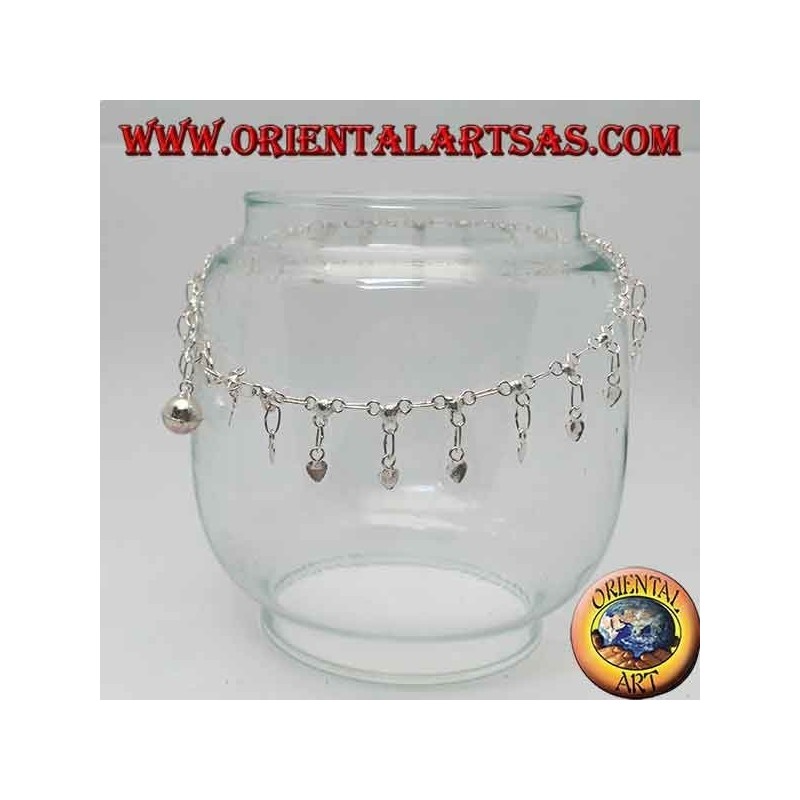 Bracelet de cheville en argent avec des coeurs suspendus lisses et une cloche