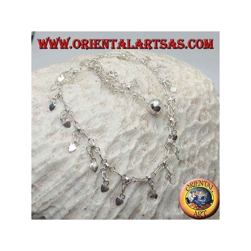 Bracelet de cheville en argent avec des coeurs suspendus lisses et une cloche
