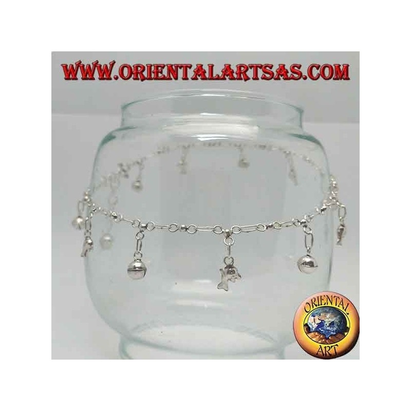 Tobillera plateada con delfines y campana colgante alterna