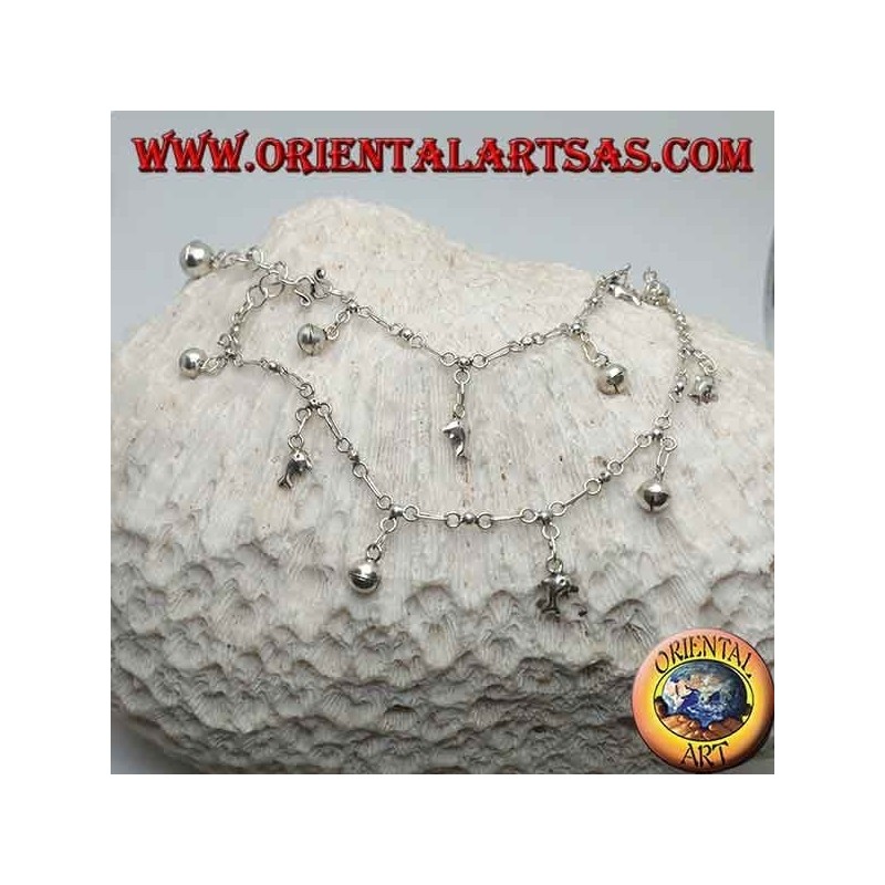 Cavigliera in argento con delfino e campanellino pendenti alternati