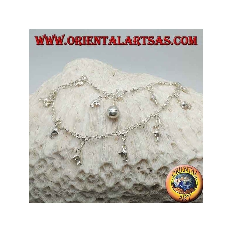 Cavigliera in argento con delfini pendenti e un campanellino