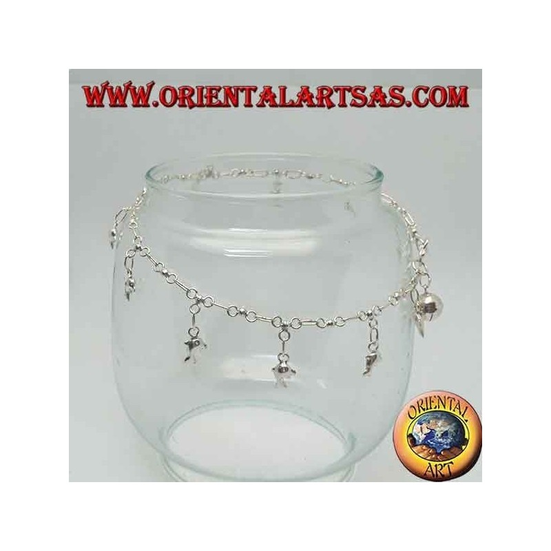 Silver anklet with hanging dolphins and a bell