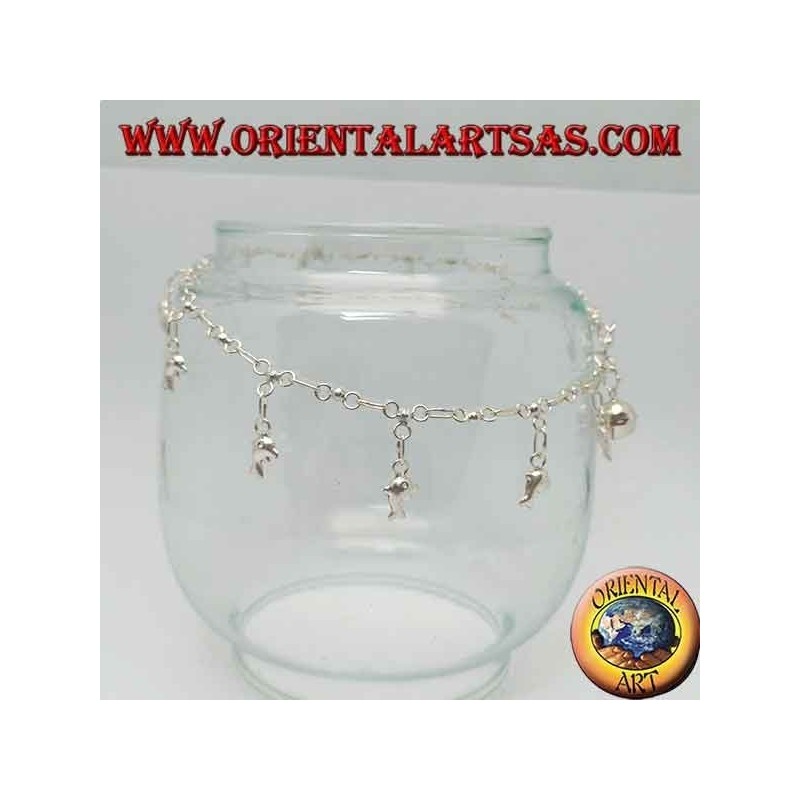 Bracelet de cheville en argent avec des dauphins suspendus et une cloche