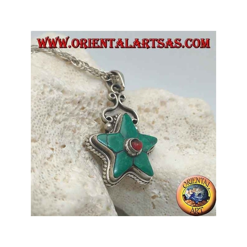 Silver star pendant crowned with Tibetan turquoise and round coral in the center