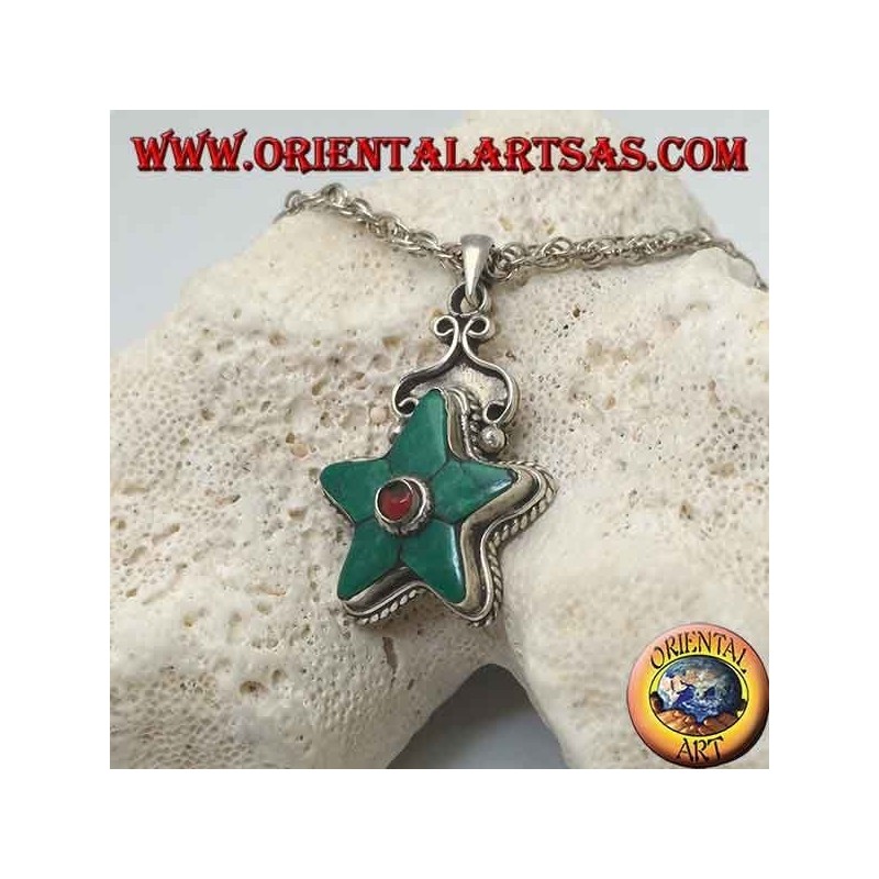 Ciondolo in argento stella incoronata con turchese tibetano e corallo tondo al centro