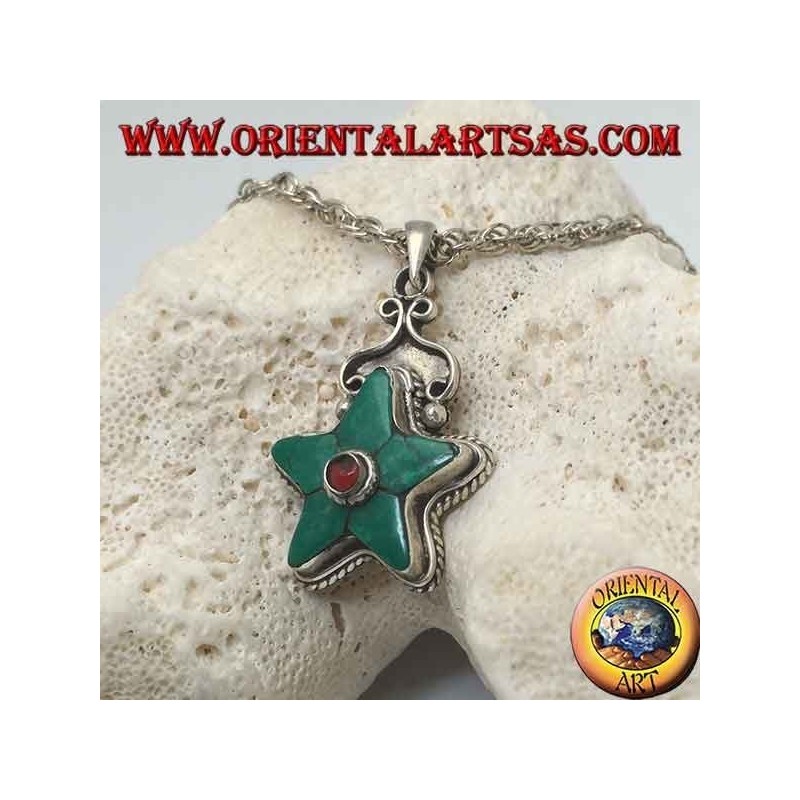 Pendentif étoile en argent couronné de turquoise tibétaine et de corail rond au centre