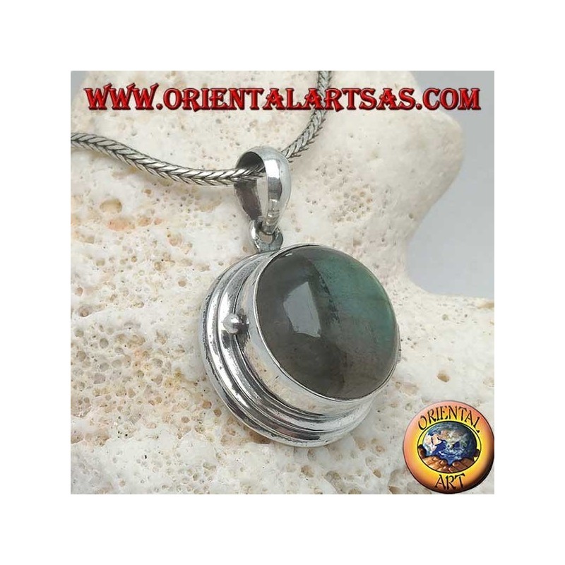 Ciondolo in argento a scatola portafoto con labradorite tonda a cabochon
