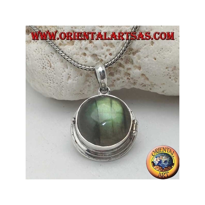 Ciondolo in argento a scatola portafoto con labradorite tonda a cabochon