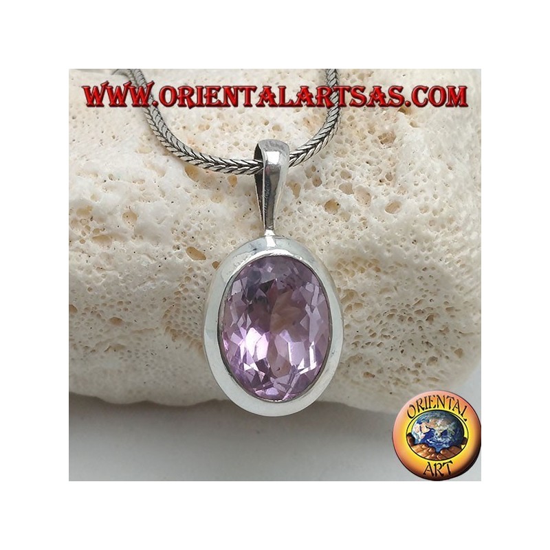 Pendentif en argent avec améthyste naturelle facettée ovale et structure lisse avec crochet rigide