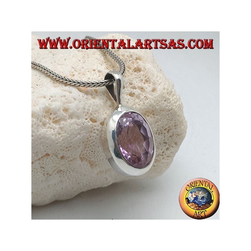 Pendentif en argent avec améthyste naturelle facettée ovale et structure lisse avec crochet rigide