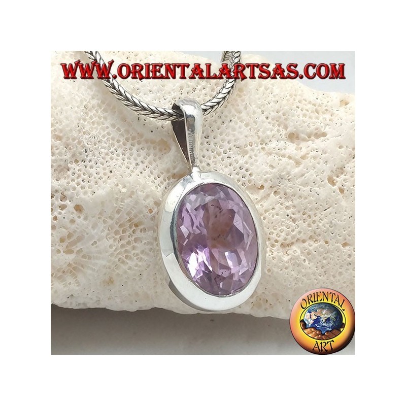 Pendentif en argent avec améthyste naturelle facettée ovale et structure lisse avec crochet rigide