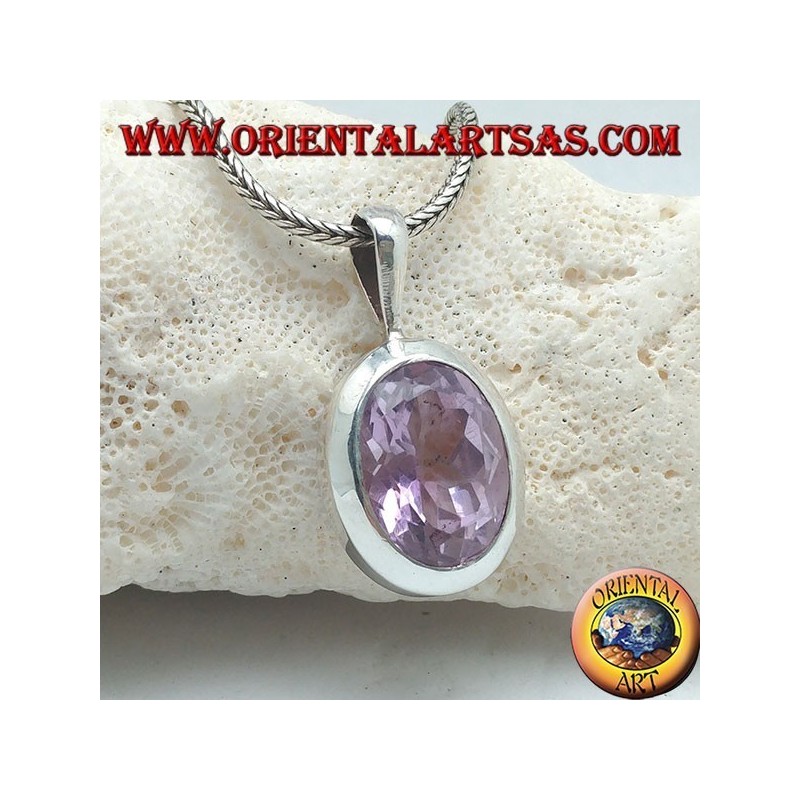 Silver pendant with oval faceted natural amethyst and smooth frame with rigid hook