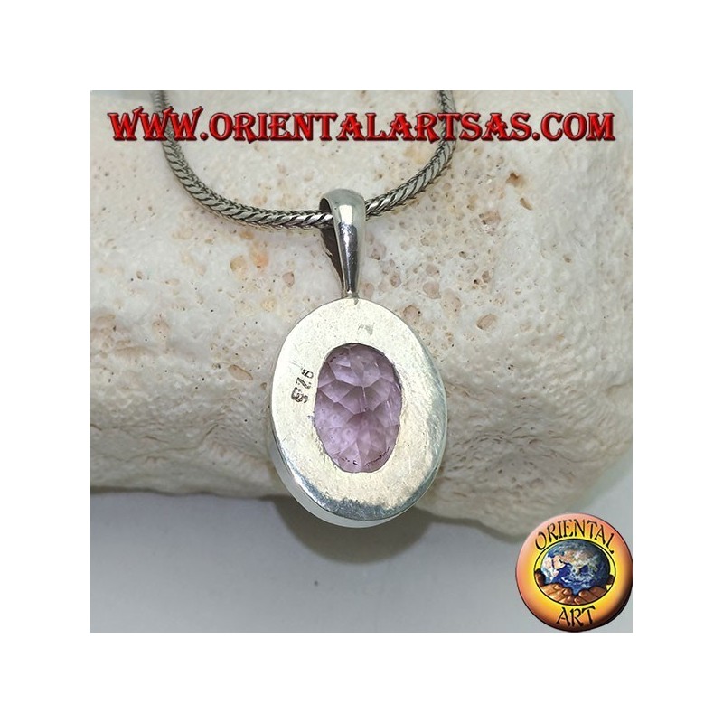 Silver pendant with oval faceted natural amethyst and smooth frame with rigid hook