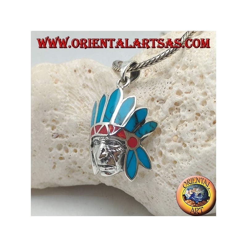 Silver pendant, head of a native american from america with headdress of feathers with turquoise and corals