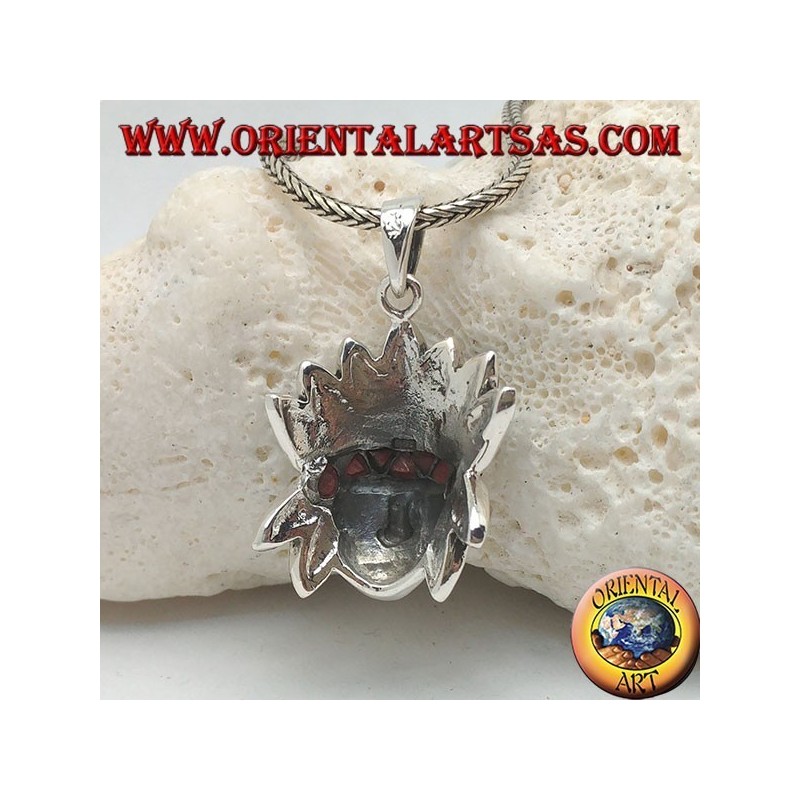 Silver pendant, head of a native american from america with headdress of feathers with turquoise and corals