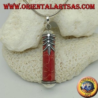 Silver cylinder pendant of red madrepora (coral) with decorations and palm leaf