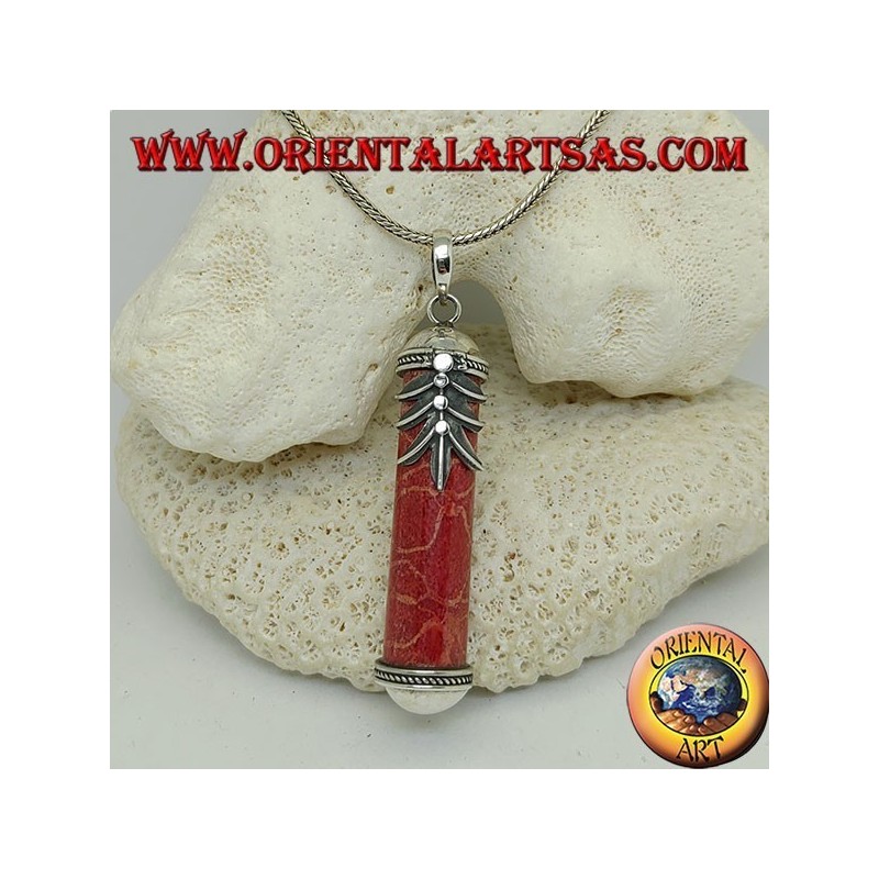 Silver cylinder pendant of red madrepora (coral) with decorations and palm leaf