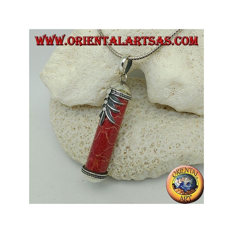 Ciondolo in argento cilindro di madrepora rossa (corallo) con decorazioni e foglia di palma