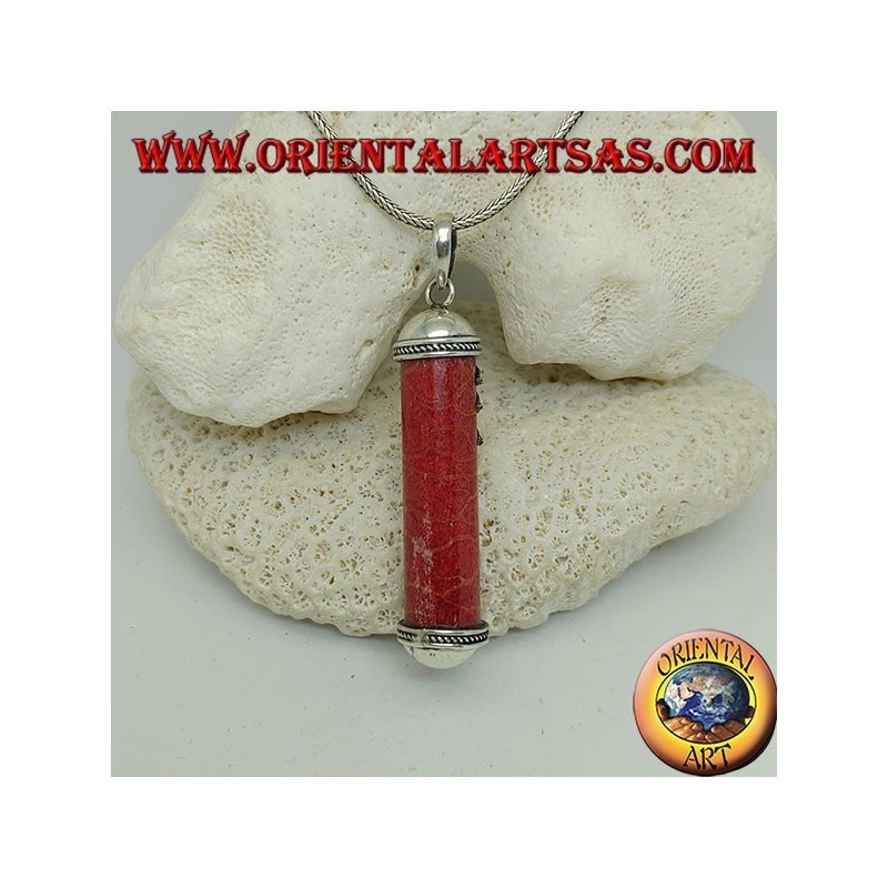 Silver cylinder pendant of red madrepora (coral) with decorations and palm leaf