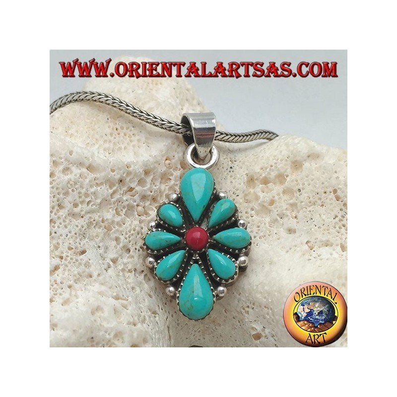 Silver pendant, rhomboid shield with native teardrop turquoise and a central round coral