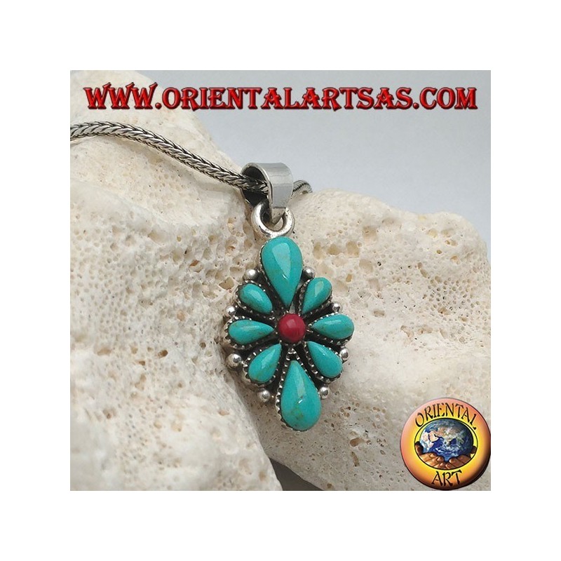 Colgante de plata, escudo romboidal con lágrima turquesa nativa y un coral redondo central