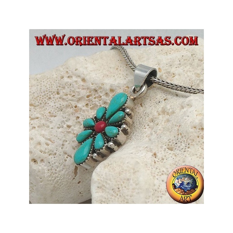 Silver pendant, rhomboid shield with native teardrop turquoise and a central round coral