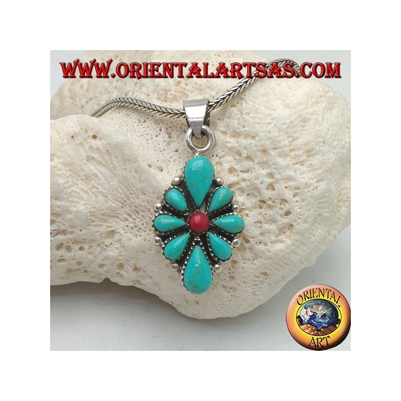 Pendentif en argent, bouclier rhomboïde avec turquoise en forme de larme et un corail rond central