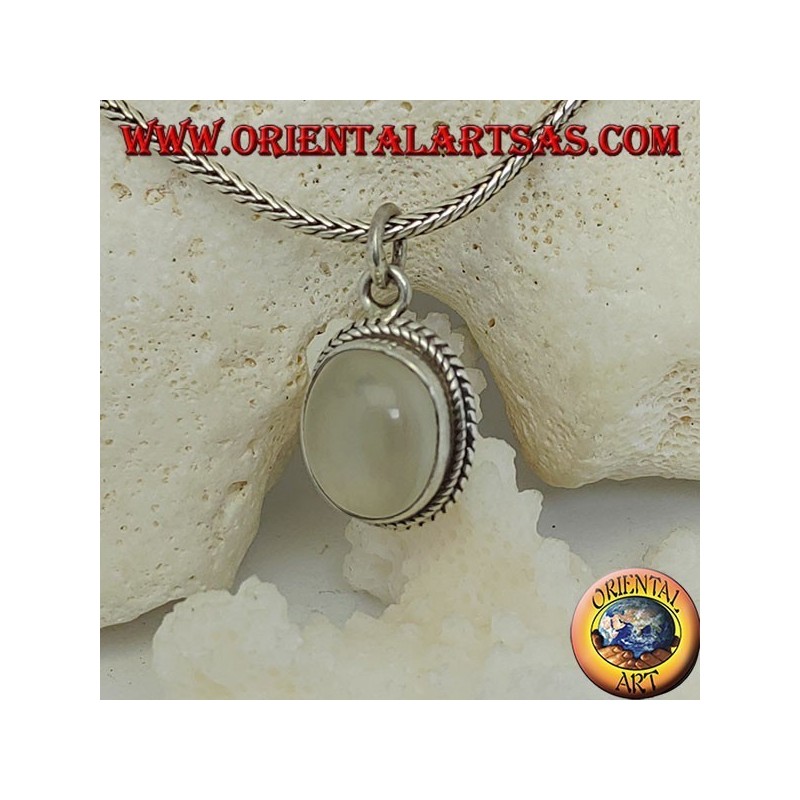 Silver pendant with oval moonstone surrounded by subtle weaves