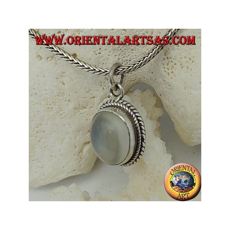 Silver pendant with oval moonstone surrounded by subtle weaves