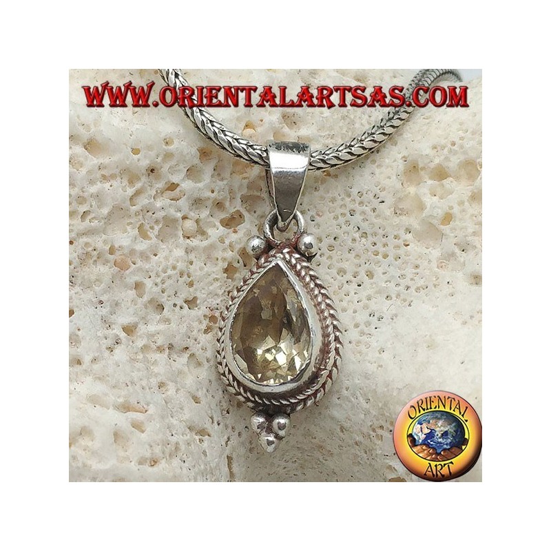 Silver pendant with natural yellow drop topaz surrounded by intertwining and balls