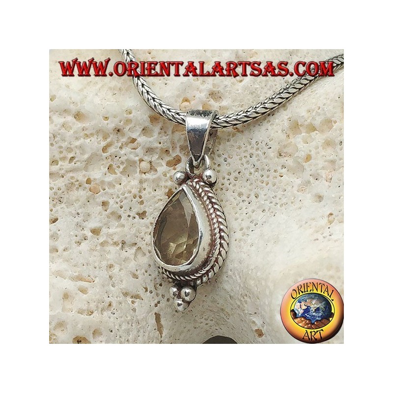 Silver pendant with natural yellow drop topaz surrounded by intertwining and balls