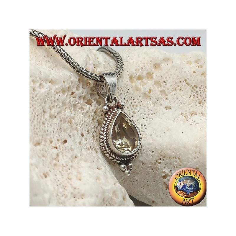 Pendentif en argent avec topaze goutte naturelle jaune entourée de tresses et de boules