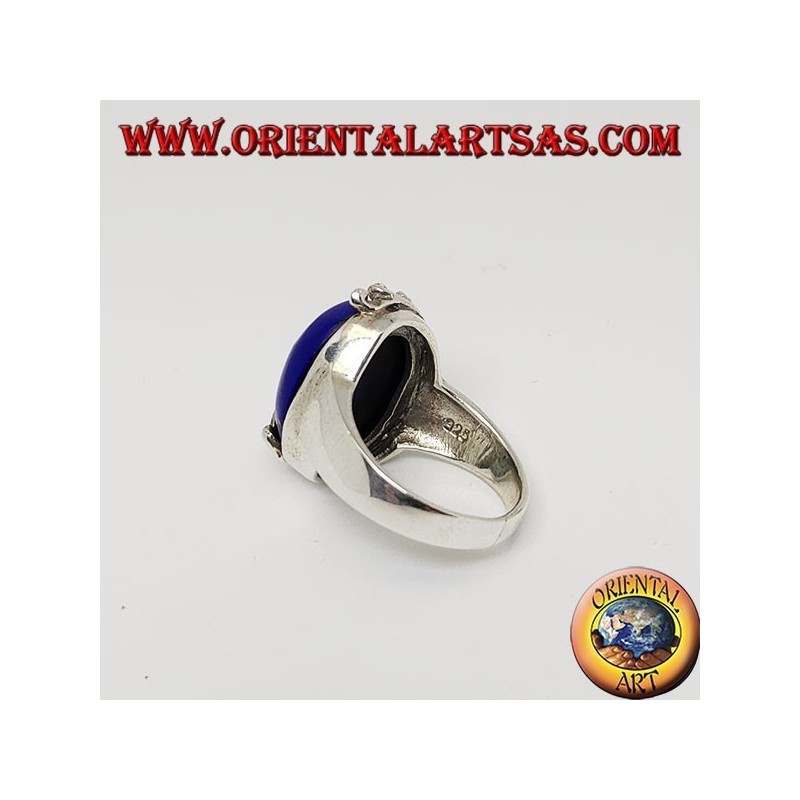 Silver ring with oval cabochon sodalite and decorations with floral marcasites on one side only
