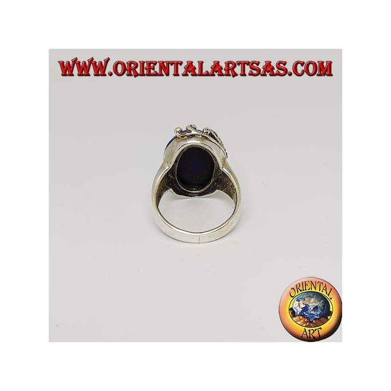 Silver ring with oval cabochon sodalite and decorations with floral marcasites on one side only