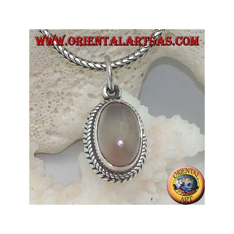 Silver pendant with an elongated oval moonstone surrounded by subtle weaves