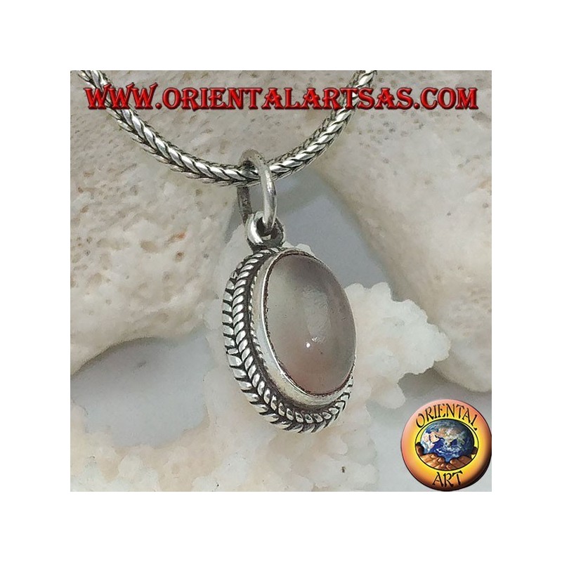 Silver pendant with an elongated oval moonstone surrounded by subtle weaves